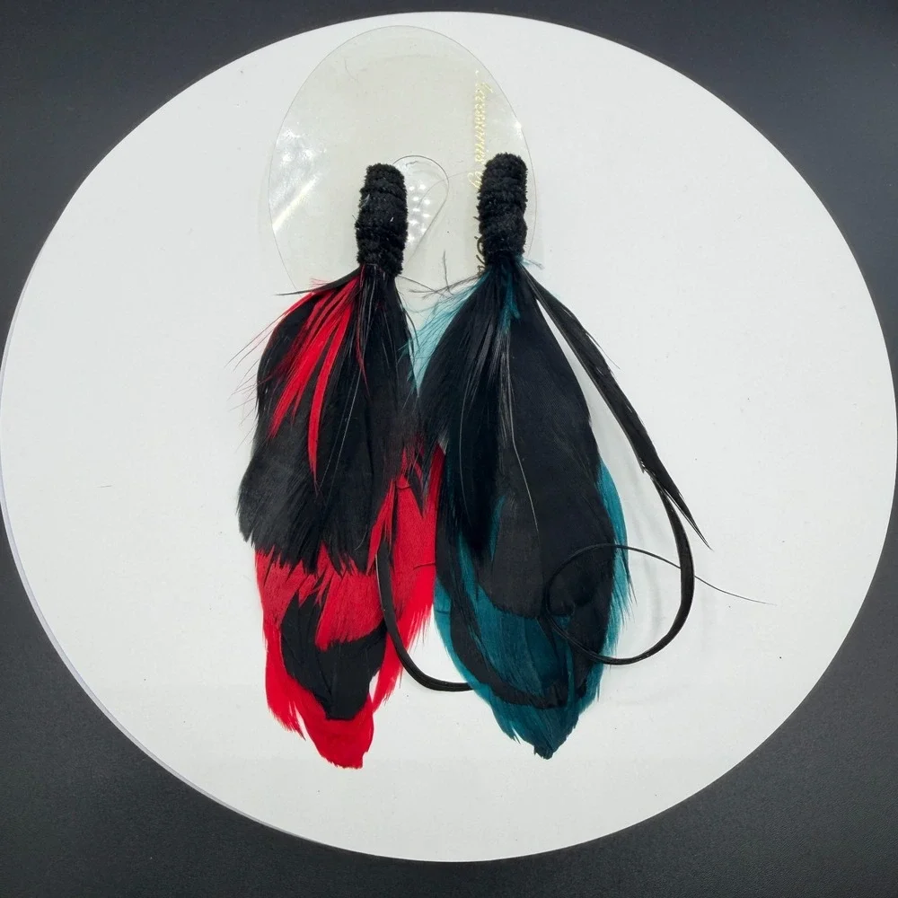 Red Teal Black Feather Brooch Pins Pair Boho Statement Costume Jewelry Set Lot